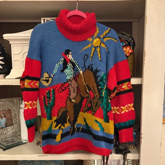 Sweaters - Vintage Rodeo bucking bronco bull cowboy sweater turtleneck S M